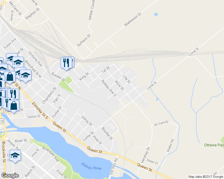 map of restaurants, bars, coffee shops, grocery stores, and more near 53 Rideau Avenue South in Smiths Falls