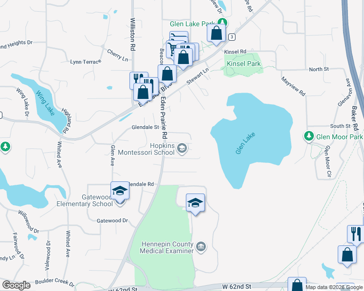 map of restaurants, bars, coffee shops, grocery stores, and more near 14409 Ferris Lane in Minnetonka