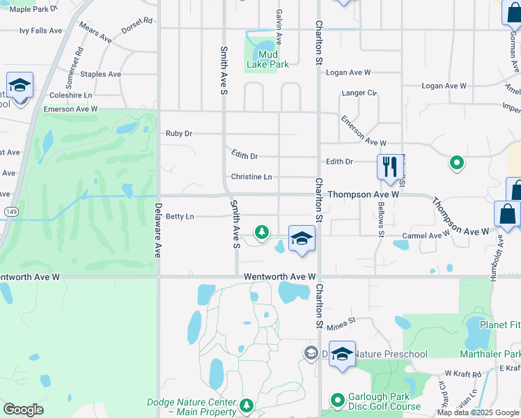 map of restaurants, bars, coffee shops, grocery stores, and more near 331 Betty Lane in Saint Paul
