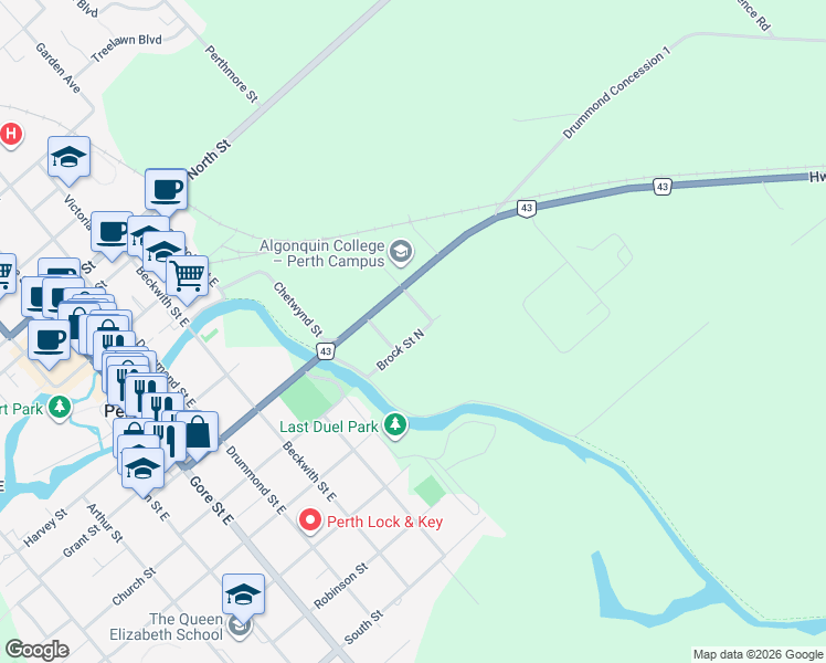 map of restaurants, bars, coffee shops, grocery stores, and more near 25 Brock Street North in Perth