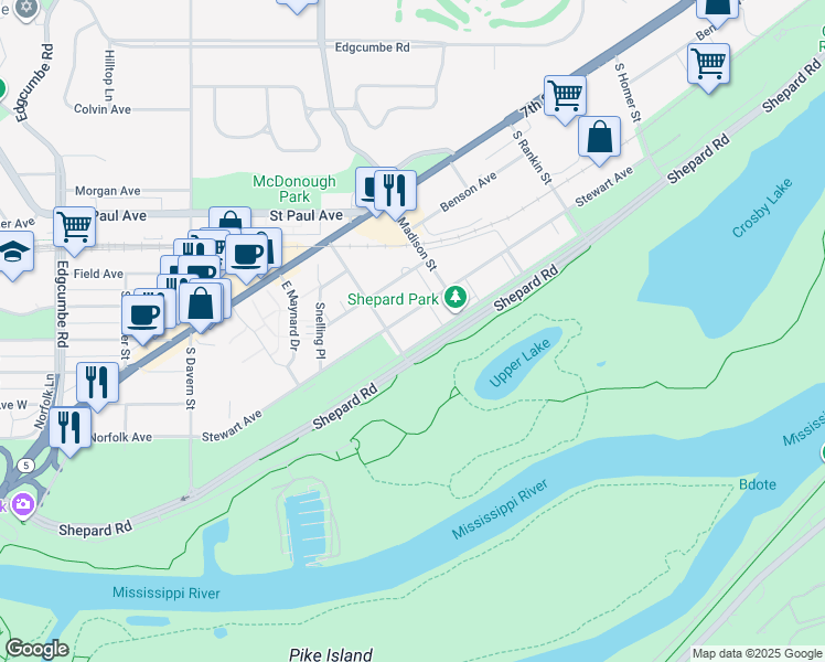 map of restaurants, bars, coffee shops, grocery stores, and more near 2353 Youngman Avenue West in Saint Paul