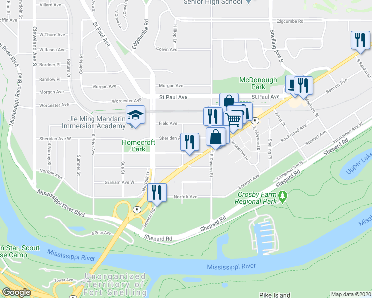 map of restaurants, bars, coffee shops, grocery stores, and more near 1739 Wordsworth Avenue West in Saint Paul