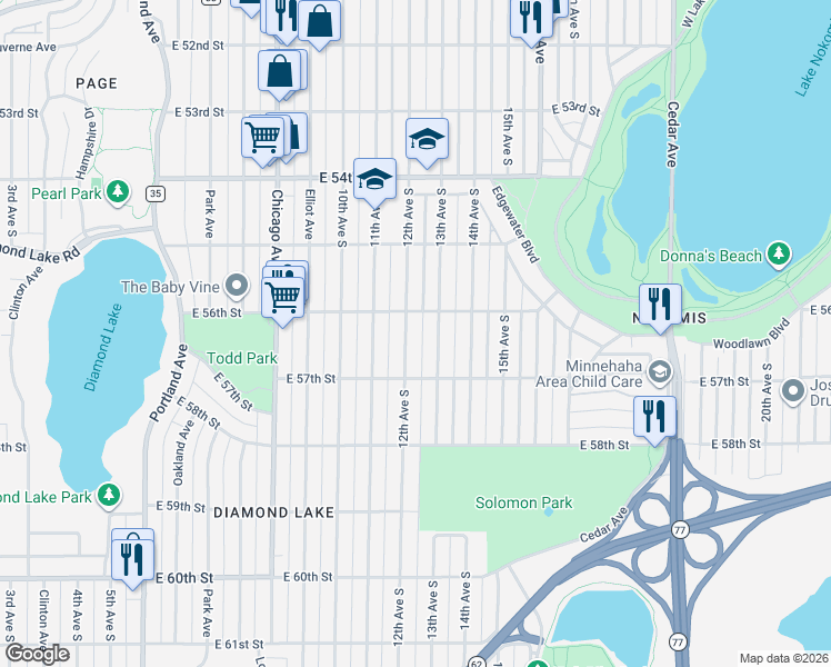 map of restaurants, bars, coffee shops, grocery stores, and more near 5612 12th Avenue South in Minneapolis