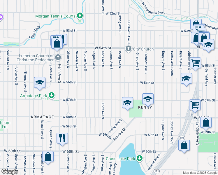 map of restaurants, bars, coffee shops, grocery stores, and more near 5612 James Avenue South in Minneapolis