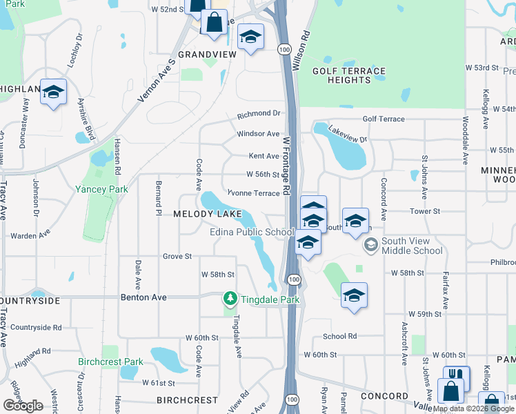 map of restaurants, bars, coffee shops, grocery stores, and more near 5018 Normandale Court in Minneapolis