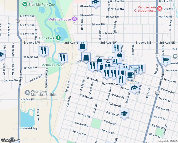 map of restaurants, bars, coffee shops, grocery stores, and more near 216 West Kemp in Watertown
