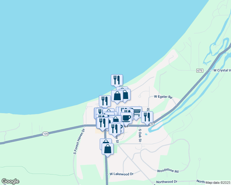 map of restaurants, bars, coffee shops, grocery stores, and more near 5716 South Lake Street in Glen Arbor