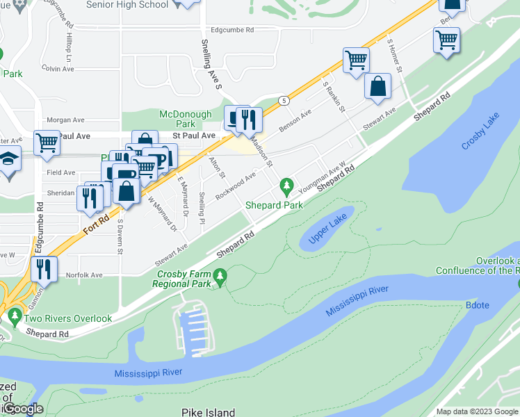 map of restaurants, bars, coffee shops, grocery stores, and more near 2353 West Youngman Avenue in Saint Paul