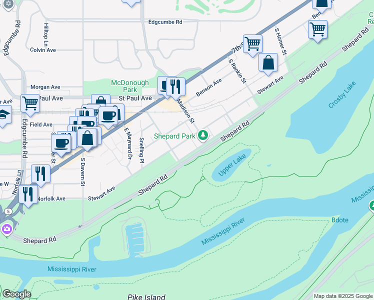 map of restaurants, bars, coffee shops, grocery stores, and more near 2353 Youngman Avenue West in Saint Paul