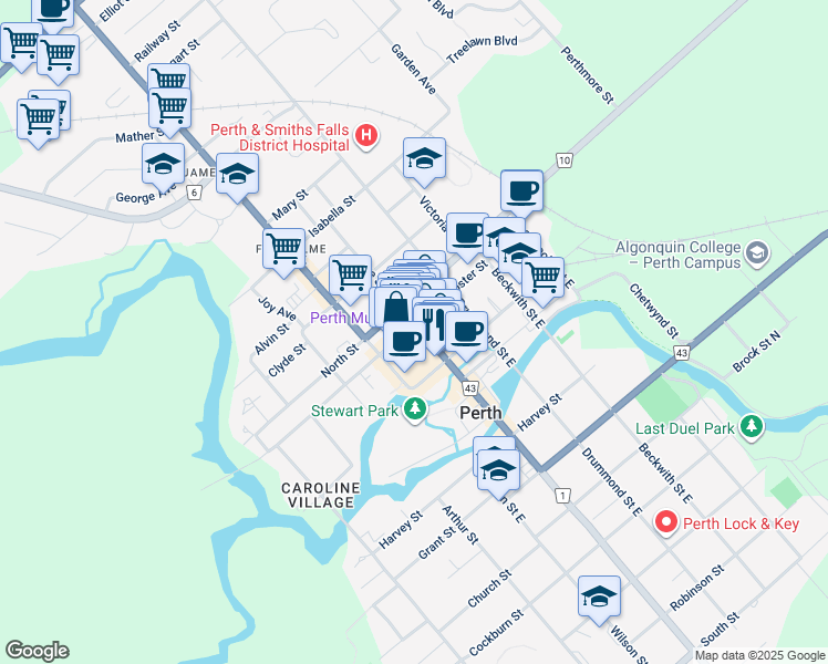 map of restaurants, bars, coffee shops, grocery stores, and more near in Perth