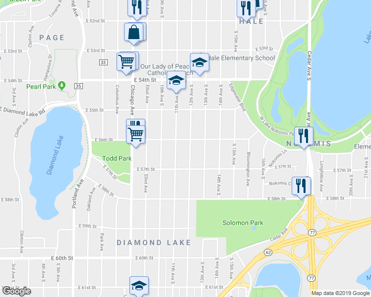 map of restaurants, bars, coffee shops, grocery stores, and more near 5612 12th Avenue South in Minneapolis