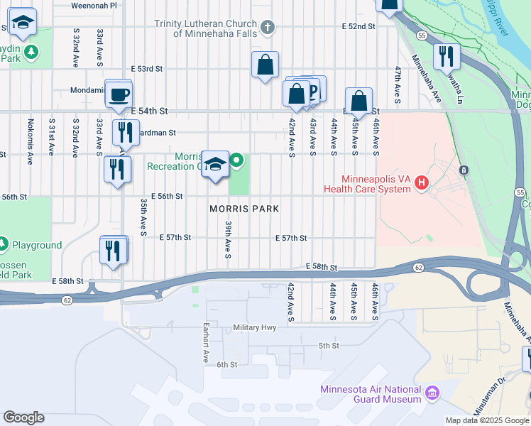 map of restaurants, bars, coffee shops, grocery stores, and more near 5620 41st Avenue South in Minneapolis