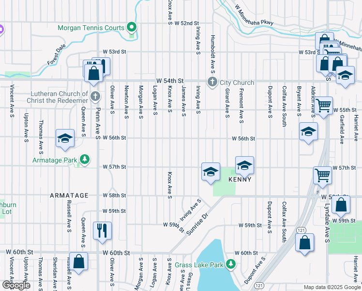 map of restaurants, bars, coffee shops, grocery stores, and more near 5612 James Avenue South in Minneapolis