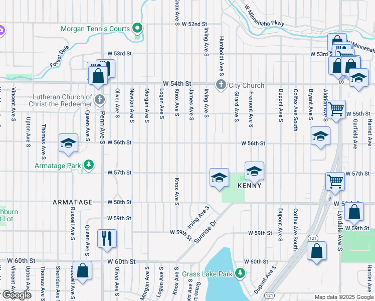 map of restaurants, bars, coffee shops, grocery stores, and more near 5612 James Avenue South in Minneapolis