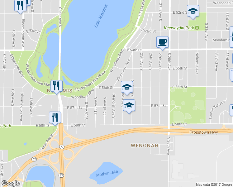 map of restaurants, bars, coffee shops, grocery stores, and more near 5617 Standish Avenue South in Minneapolis