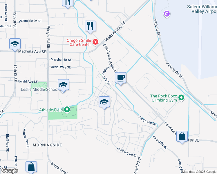 map of restaurants, bars, coffee shops, grocery stores, and more near 2022 Village Center Drive Southeast in Salem