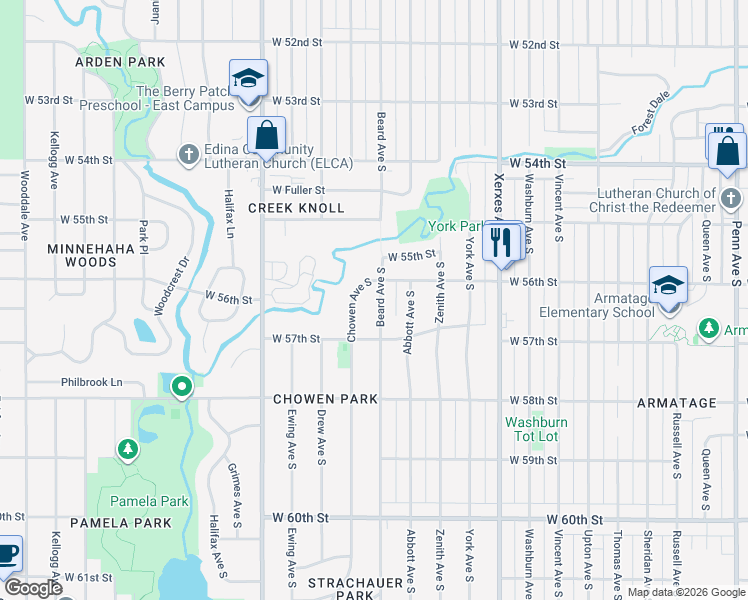 map of restaurants, bars, coffee shops, grocery stores, and more near 5608 Beard Avenue South in Edina