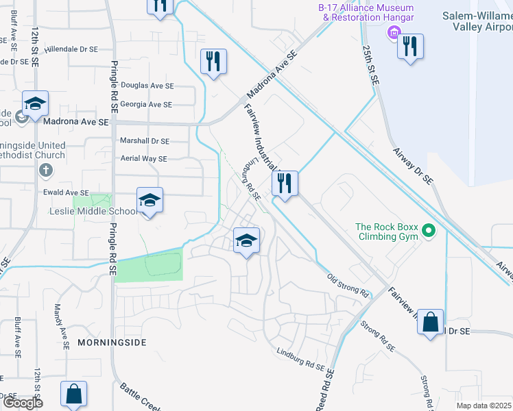 map of restaurants, bars, coffee shops, grocery stores, and more near 2022 Village Center Drive Southeast in Salem