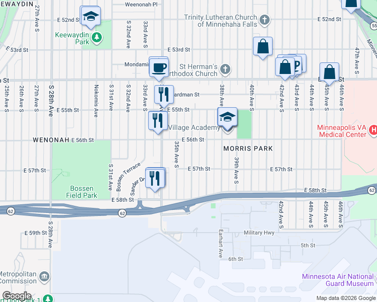 map of restaurants, bars, coffee shops, grocery stores, and more near 5620 36th Avenue South in Minneapolis
