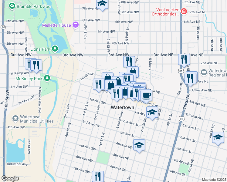 map of restaurants, bars, coffee shops, grocery stores, and more near 98 1st Street Northwest in Watertown