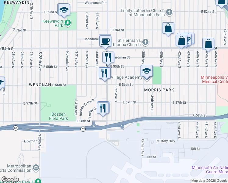 map of restaurants, bars, coffee shops, grocery stores, and more near 5620 35th Avenue South in Minneapolis