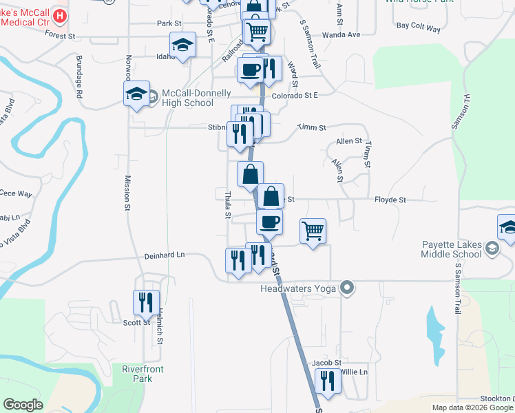 map of restaurants, bars, coffee shops, grocery stores, and more near 212 North 3rd Street in McCall