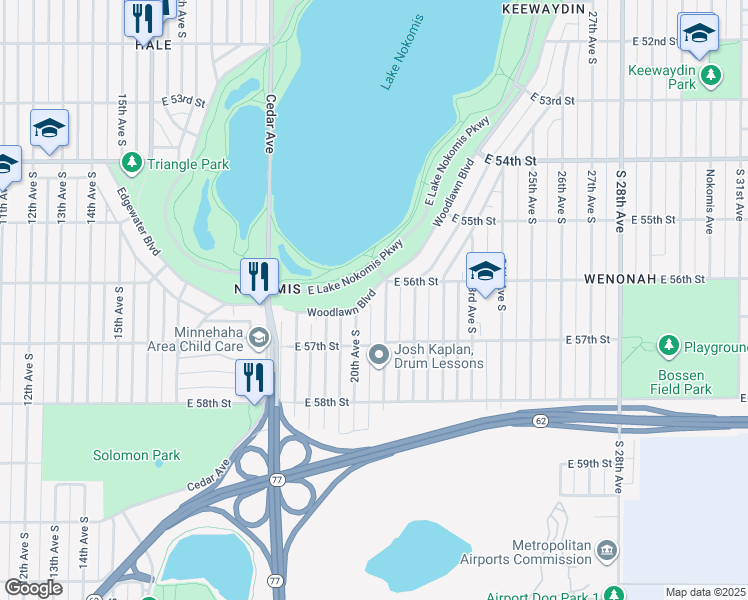 map of restaurants, bars, coffee shops, grocery stores, and more near 5605 Woodlawn Boulevard in Minneapolis