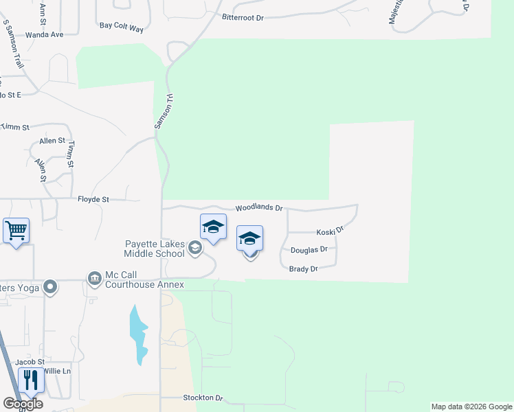 map of restaurants, bars, coffee shops, grocery stores, and more near Woodlands Drive in McCall