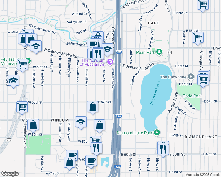 map of restaurants, bars, coffee shops, grocery stores, and more near 5616 Stevens Avenue in Minneapolis