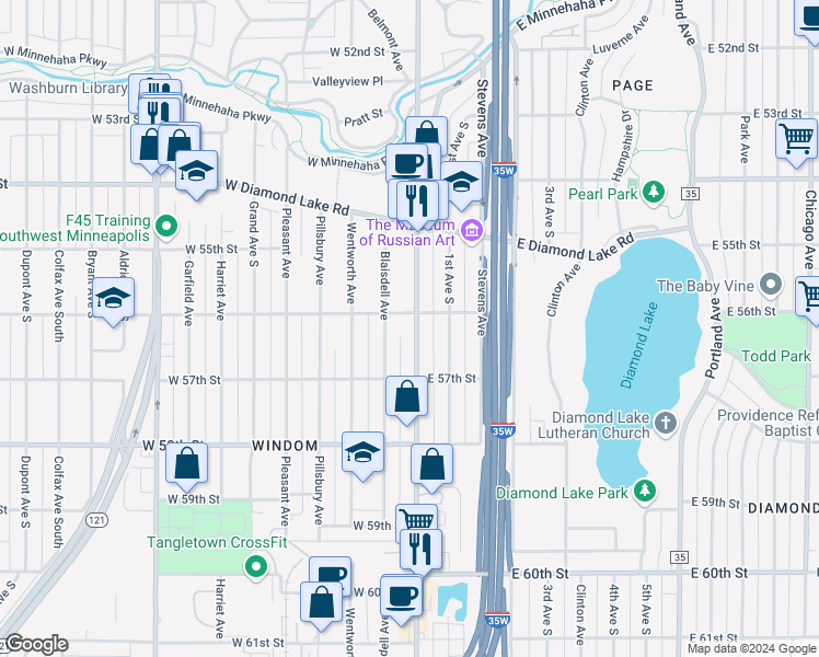 map of restaurants, bars, coffee shops, grocery stores, and more near 5615 Blaisdell Avenue in Minneapolis