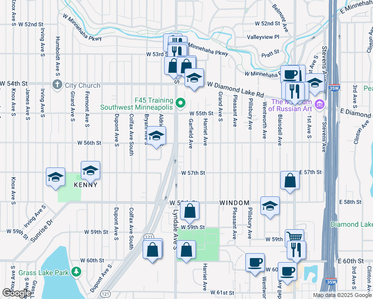 map of restaurants, bars, coffee shops, grocery stores, and more near 5615 Lyndale Avenue South in Minneapolis