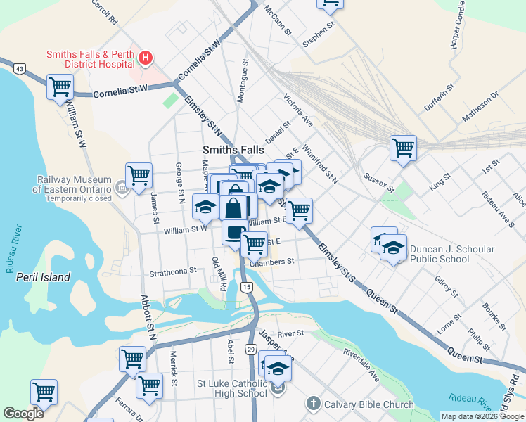 map of restaurants, bars, coffee shops, grocery stores, and more near in Smiths Falls