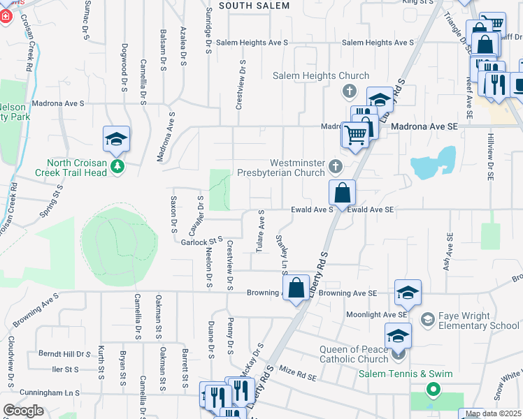 map of restaurants, bars, coffee shops, grocery stores, and more near Ewald Ave S & Tulare Ave S in Salem