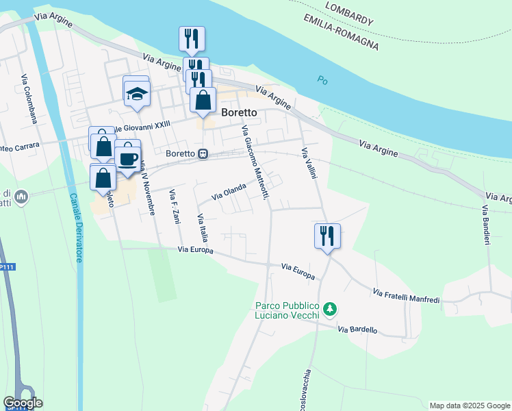 map of restaurants, bars, coffee shops, grocery stores, and more near 5 Via Spagna in Boretto