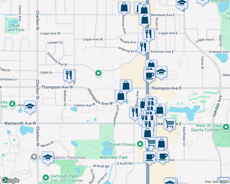 map of restaurants, bars, coffee shops, grocery stores, and more near 1 Thompson Avenue West in Saint Paul