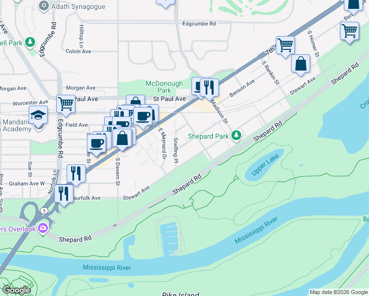 map of restaurants, bars, coffee shops, grocery stores, and more near 2318 Rockwood Avenue in Saint Paul