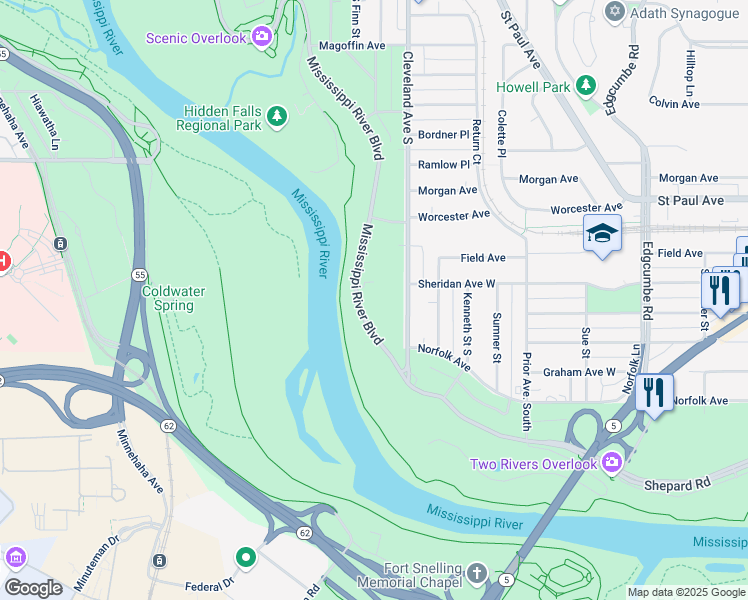 map of restaurants, bars, coffee shops, grocery stores, and more near 1638 Mississippi River Boulevard South in Saint Paul