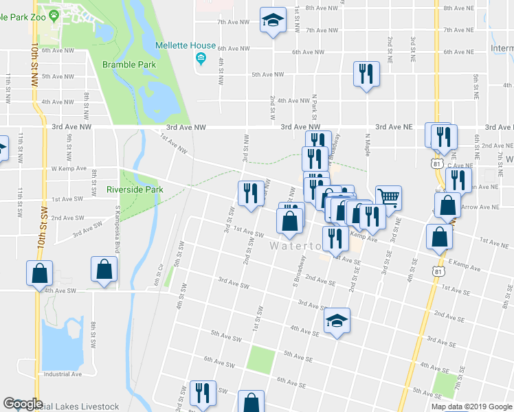 map of restaurants, bars, coffee shops, grocery stores, and more near 216 West Kemp Avenue in Watertown
