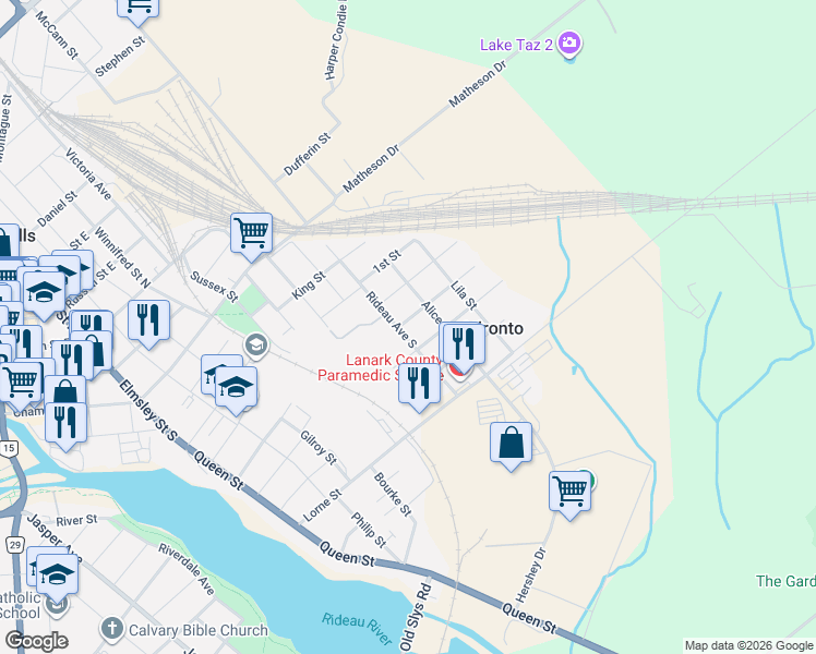 map of restaurants, bars, coffee shops, grocery stores, and more near 53 Rideau Avenue South in Smiths Falls
