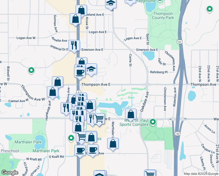 map of restaurants, bars, coffee shops, grocery stores, and more near 202 Thompson Avenue East in Saint Paul