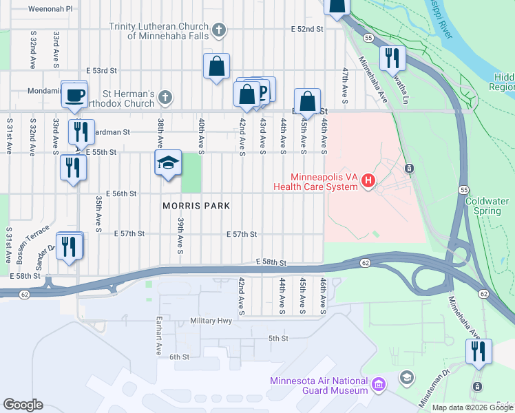 map of restaurants, bars, coffee shops, grocery stores, and more near 5616 43rd Avenue South in Minneapolis
