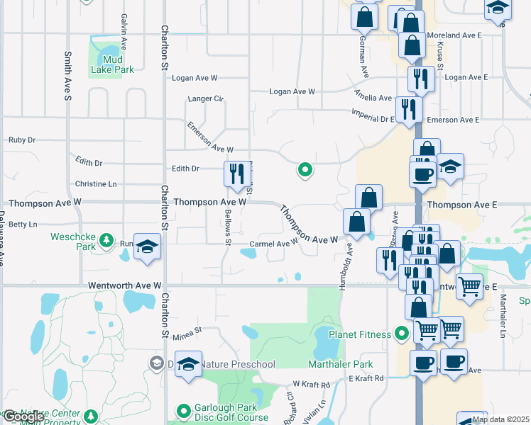 map of restaurants, bars, coffee shops, grocery stores, and more near 110 Thompson Avenue West in Saint Paul