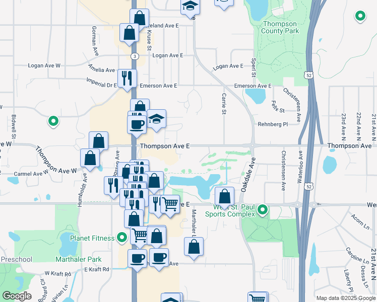 map of restaurants, bars, coffee shops, grocery stores, and more near 202 Thompson Avenue East in Saint Paul