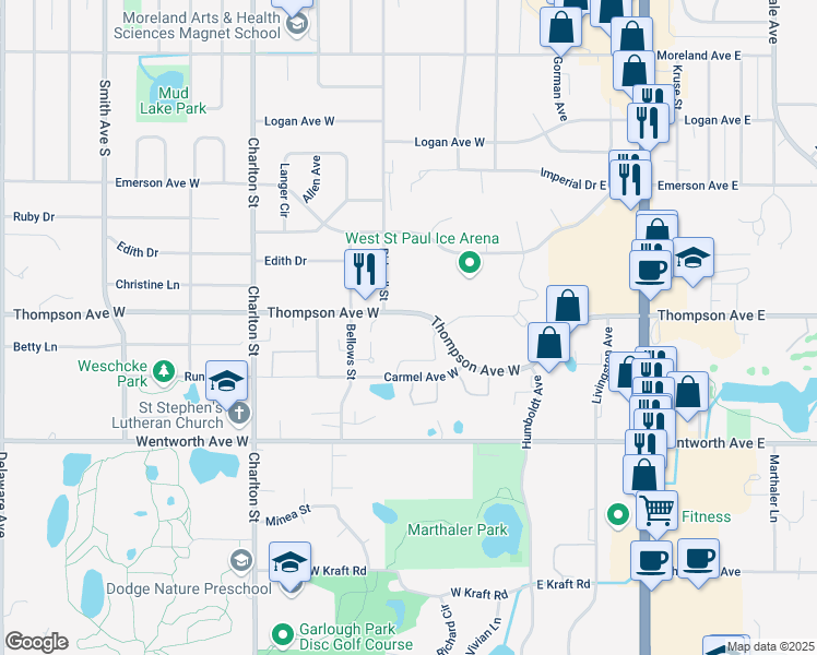 map of restaurants, bars, coffee shops, grocery stores, and more near in West Saint Paul