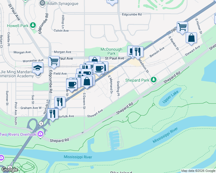 map of restaurants, bars, coffee shops, grocery stores, and more near 162 Snelling Place in Saint Paul