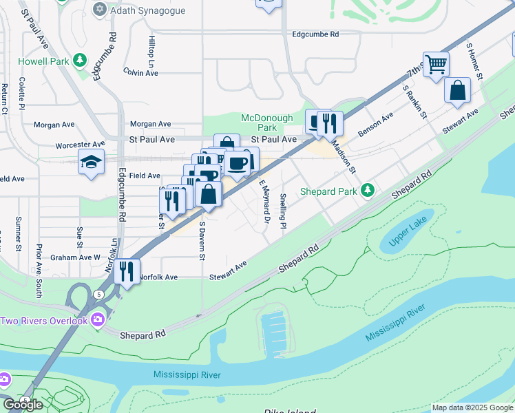 map of restaurants, bars, coffee shops, grocery stores, and more near 162 Snelling Place in Saint Paul