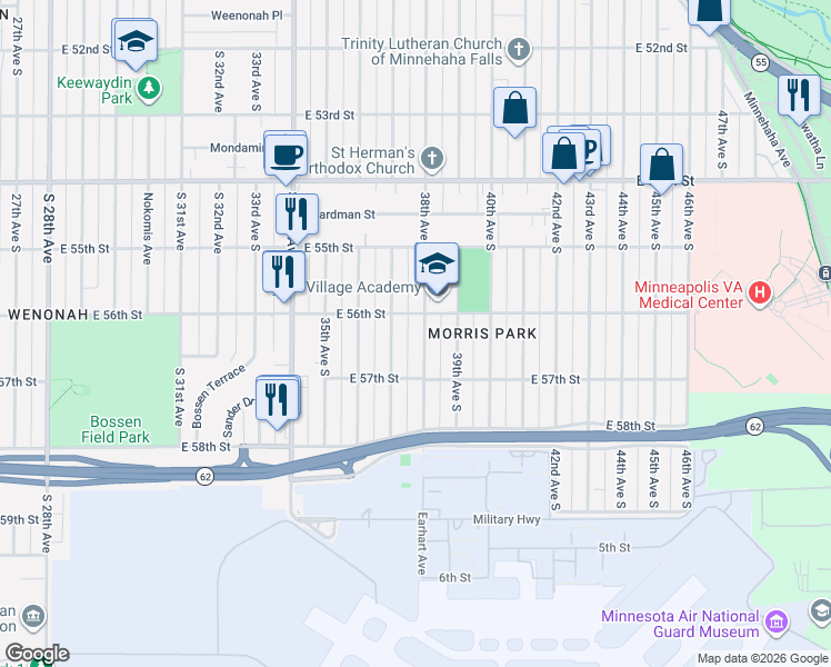 map of restaurants, bars, coffee shops, grocery stores, and more near 5625 38th Avenue South in Minneapolis