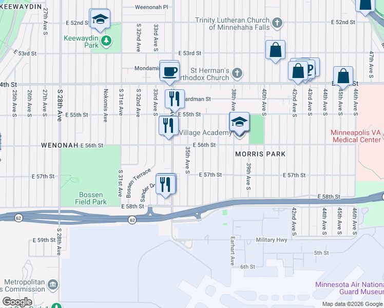 map of restaurants, bars, coffee shops, grocery stores, and more near 5620 35th Avenue South in Minneapolis