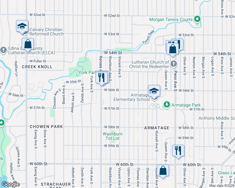 map of restaurants, bars, coffee shops, grocery stores, and more near 5612 Vincent Avenue South in Minneapolis