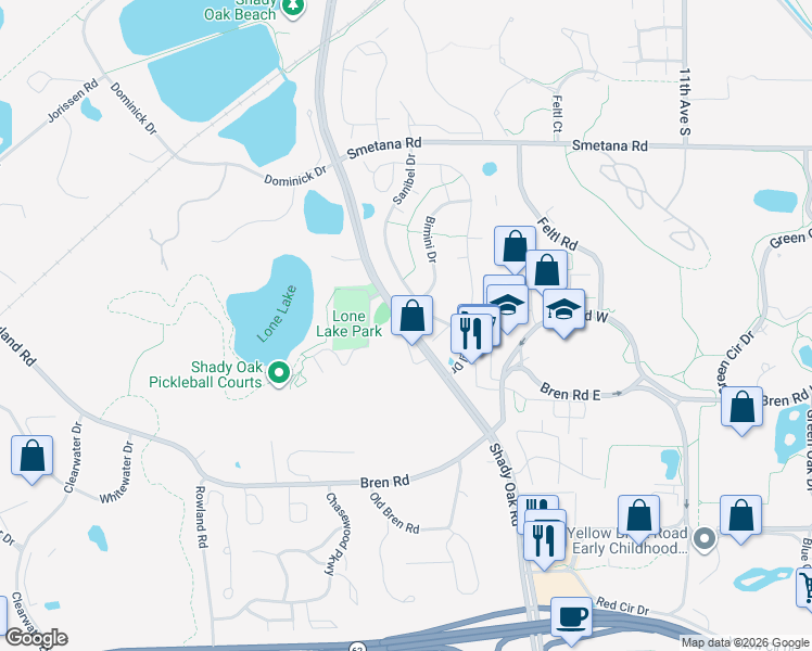 map of restaurants, bars, coffee shops, grocery stores, and more near 5734 Shady Oak Road in Minnetonka